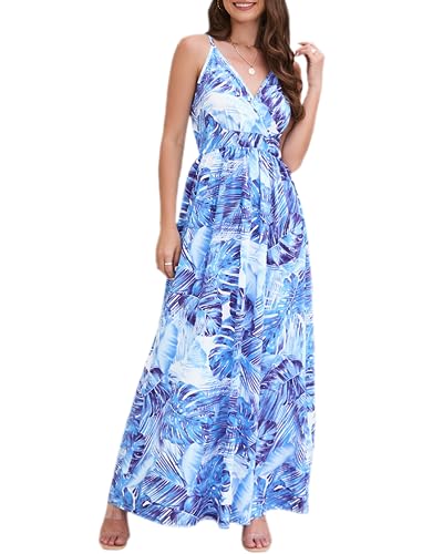 Womens Sexy Spaghetti Strap Deep V Neck Flowy Maxi Boho Dress High Waisted Flared Long Floral Beach Sun Dress