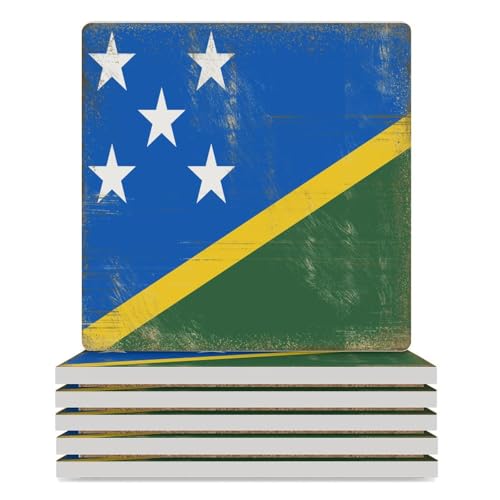 Lot de 6 sous-verres carrés absorbants vintage avec motif drapeau national des îles Salomon, dessous de verre avec base pour la maison, dessous de verre pour boissons, bar, décoration de cuisine