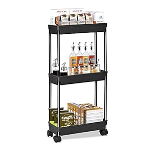 WASJOYE 3-Tier Slim Rolling Cart,Easy Assemble Mobile Storage Trolley On Wheels,Slide Out Utility Organizer Cart Shelving Units for Narrow Space on Kitchen Bathroom Laundry Room Office,13 * 36 * 71cm