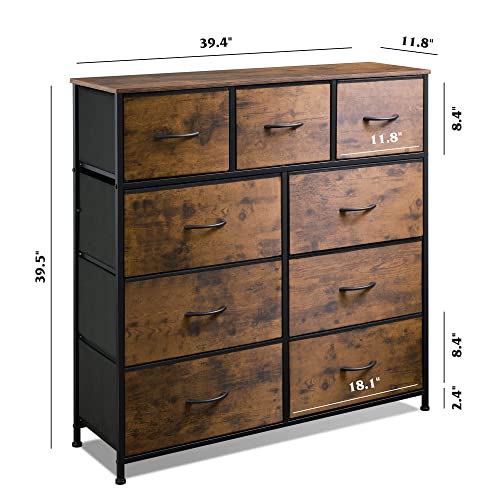 Wlive 9-Drawer Dresser, Fabric Storage Tower For Bedroom, Hallway, Nursery, Closet, Tall Chest Organizer Unit With Fabric Bins, Steel Frame, Wood Top, Easy Pull Handle, Rustic Brown Wood Grain Print #TOP2