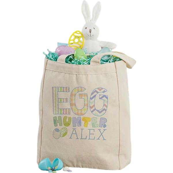 Personalization Universe Egg Hunter Easter Personalized Canvas Tote Bag with Handles, For Easter Eggs and Gifts, Available in Pink and Blue Design, Custom Easter Basket Alternative - Small 14