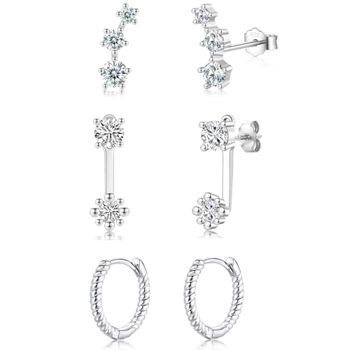Image of Silver Stud Earrings Set for Women Girls, 3 Pairs Hypoallergenic Sterling Silver Stud & Hoop Earrings Set with Cubic Zirconia, Small Cartilage Sleeper Earrings Jewelllery Gifts