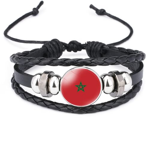 Cernomal Pulsera Con La Bandera De Marruecos: Brazalete De Cuero Tejido De Múltiples Capas Con Dije De Países Africanos, Pulsera Unisex, Accesorios De Joyería De Moda Creativa, Negro,