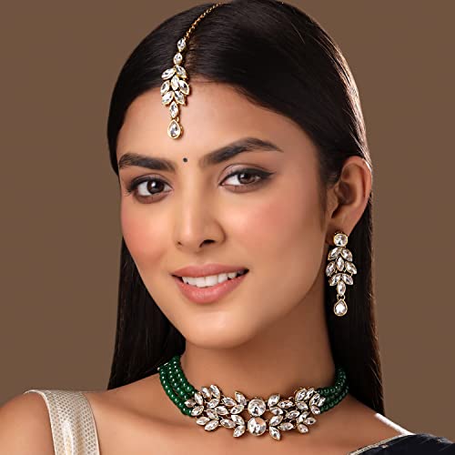 Image of Yellow Chimes Jewellery Set for Women and Girls Kundan Necklace Set for Girls | Gold Plated Beads Beaded Kundan Choker Necklace Set | Birthday Gift for girls and women Anniversary Gift for Wife
