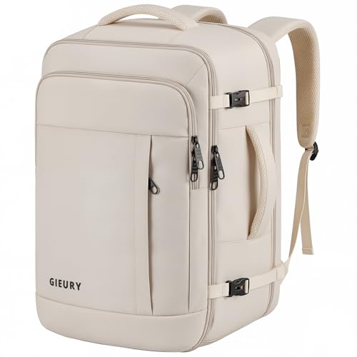 Image of Gieury Travel Backpack, Extra Large 50L Expandable Backpack for Men Women, Carry On Backpack For Airplanes, Travel Essentials Luggage Suitcase Daypack Travel Gift Weekender Bag, Beige