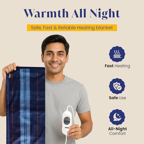 Image of Tapish Woollen Electric Blanket for Single Bed | ISO :9001 Certified | Heated Under Blanket | Bed Warmer | Electric Kambal | 3 Heat Settings | 30 X 60 Inch | Made in India | 5 Year Warranty on Remote