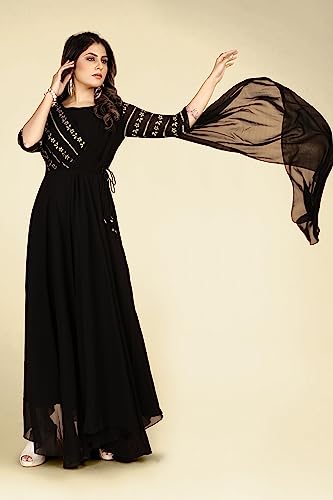 Image of ROYALICA Gown for Women - Georgette Matt Sequence Embroidery Regular Fit A-Line Gown with Attached Dupatta for Women (