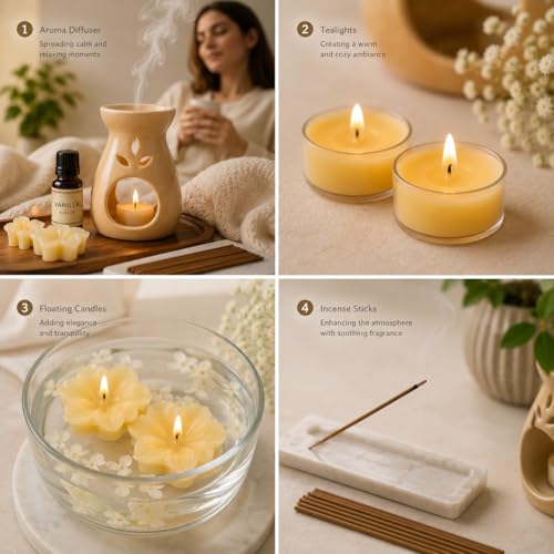 Image of AuraDecor Premium Aroma Gift Set with Ceramic Diffuser Burner, Vanilla Aroma Oil, Tealight Candles, Floating Candles, Incense Sticks, Home Fragrance Gift for Diwali, Home Decor & Relaxation (Vanilla)
