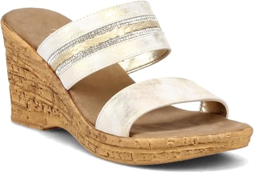 Onex Amellia Platinum Womens Dress Wedge Sandal Metallic Stretch Upper Lightweight Comfort Cushioned Footbed Slip-On Evening Sandal (US Footwear Size System Adult Women Numeric Medium 5)