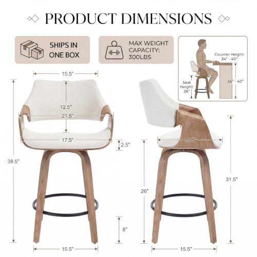 Image of HNY 26 inch Swivel Bar Stool Set of 1, Beige Linen Counter Height Barstool