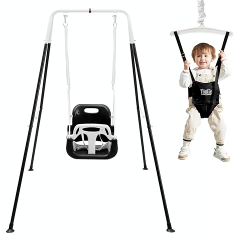 FUNLIO balançoire 2 en 1 pour bébé avec Sièges sauteurs Suspendus, pour Enfants avec 4 Sacs de Sable, Support en métal Pliable en intérieur/extérieur pour Porte, Facile à Assembler - Noire