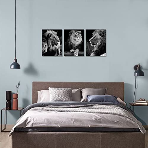 African Animals Black And White Lion Decor Contemporary Canvas Wall Art Decorations For Living Room Office Bedroom Decor(12"X16"X3Pcs Framed) #TOP2