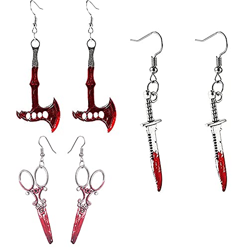 Gothic Punk Blood Horror Halloween Earrings Scissors Axe Knife Drop Earrings Personality Hiphop Earring for Women Girl Party Jewelry-3Pairs