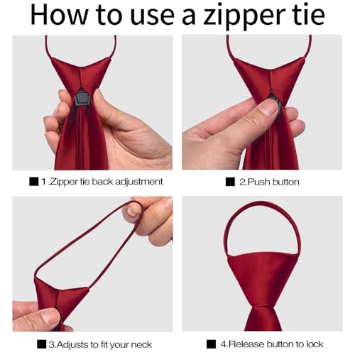 Image of YourTies Zipper Tie for Men Adjustable Pre-tied Satin Neckties and Pocket Square Set Solid Color Business Formal Wedding