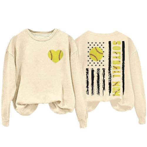 Sudadera de gran tamaño para mujer con diseño de corazón de béisbol y texto en inglés 'Mom', beige, M