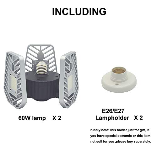 LZHOME 2-PACK LED Garage Lights, 6500Lumens E26/E27 Adjustable Trilights Garage Ceiling Light ,60W LED Garage Light, CRI>80, 5000k Nature light,Garage Lights with Adjustable Panels(No Motion Activate)