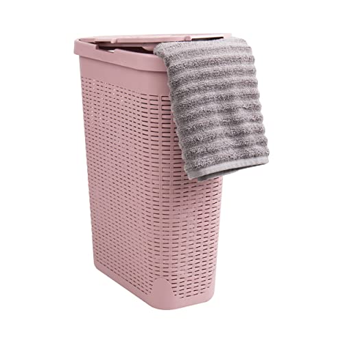 Image of Mind Reader Slim Laundry Hamper with Lid, 40L Clothes Basket, Narrow Tapered Design with Ventilated Cutout Pattern, Plastic, Pink