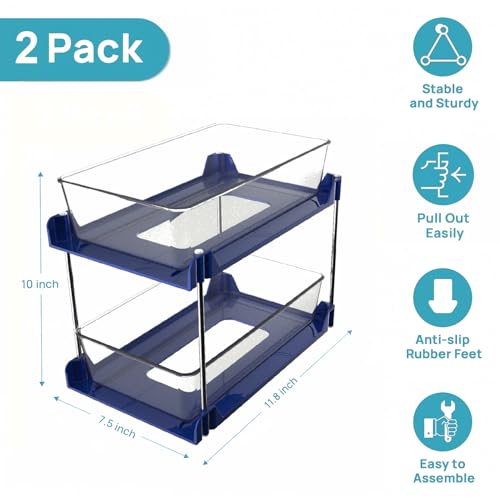 AIYULONG 2 Pack Bathroom Organizer,2 Tier Blue Under Sink Organizers Vanity Countertop Storage Container,Cabinet Drawers Bins, Pull-Out Organization with Track for Pantry, Kitchen — view 2