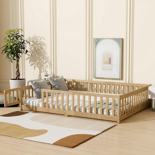 PVWIIK Queen Size Floor Bed with Fence and Door,Rubber Wood Floor Bed w/Safety Guardrails/Near The Ground,Easy to Assemble & No Box Spring Needed, Natural