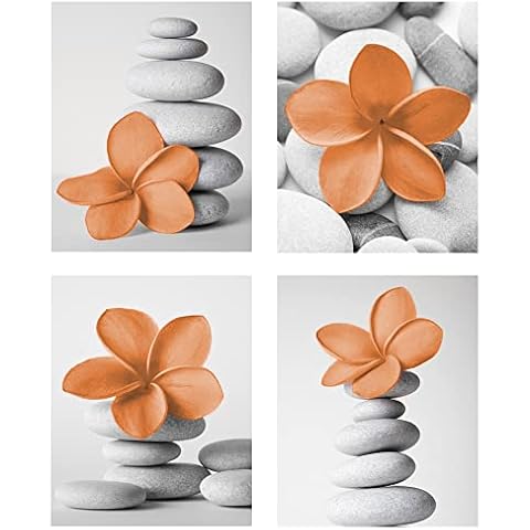 Genius Decor - Home Spa Bathroom Decor Small Pictures Wall Art Zen Stone and Flower in Burnt Orange Prints for Wall Decor, Unframed Set of 4 (Orange, 8"x10") Cover