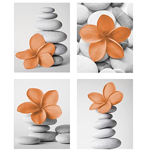 Genius Decor - Home Spa Bathroom Decor Small Pictures Wall Art Zen Stone and Flower in Burnt Orange Prints for Wall Decor, Unframed Set of 4 (Orange, 8"x10")