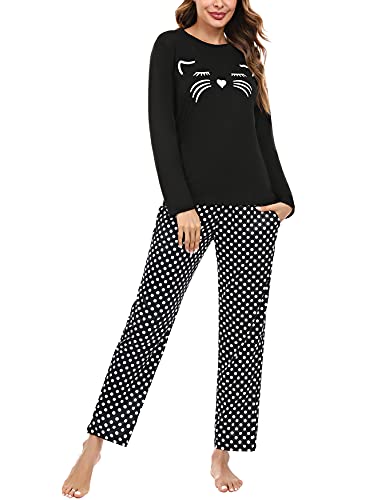 Uniexcosm Pijamas Mujer, Pijamas Mujer Gato Pijamas para Mujer Algodon de Manga Larga Ropa de Casa Dormir Estampado en Cuello Redondo Pijama Mujer 2 Piezas Suave para Casual A:Negro S