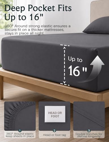 Image of LuxClub 4 PC Queen Sheet Set, Sheets Queen Size, Deep Pockets 18 inch Wrinkle Free Cooling Sheets Machine Washable Hotel Bedding Silky Soft - Dark Grey Queen
