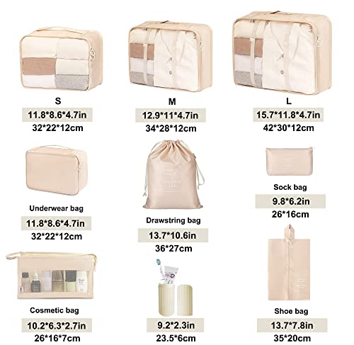 Packing Cubes - 9 Pcs Travel Luggage Organizers Set Waterproof Suitcase Organizer Bags Travel Essentials Clothes Shoes Cosmetics Toiletries Storage Bags (Beige) #TOP1