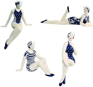 MY SWANKY HOME Retro Bathing Beauty Figurine 4pc Set | 1920s Swim Suit Navy Shelf Sitters.