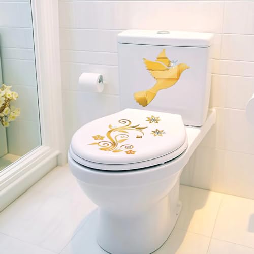 Bird Tree Flower DIY Acrylic Toilet Cover Sticker Decals,Flower Leaf Bird Waterproof Toilet Lid Tank Seat Decals Cistern Self-Adhesive Bathroom Wall Sticker(Golden)