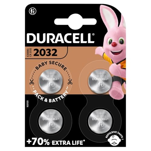 Duracell Specialty 2032 Lithium-Knopfzelle 3 V, 4er-Packung, mit Kindersichere Technologie, für die Verwendung in Schlüsselanhängern, Waagen, Wearables und medizinischen Geräten (CR2032 /DL2032)