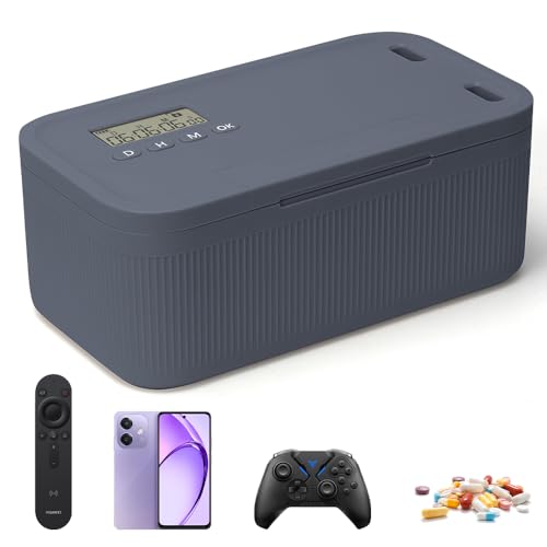 SGZIOO Zeitschloss Box Handy Safe mit Zeitschloss Timed Lock Box Handy Gefängnis mit Timer 23.9x13.1x9.6cm Abschließbare Box für Selbstkontrolle Suchtmanagement Sicheren Aufbewahrung(Grau Blau)