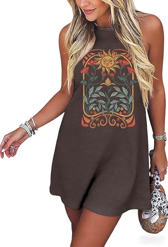 Image of Sun Salt Sand Coconut Tree Tank Mini Dress for Women Sleeveless Beach Praty Shirts Summer Vacation Short Mini Dresses