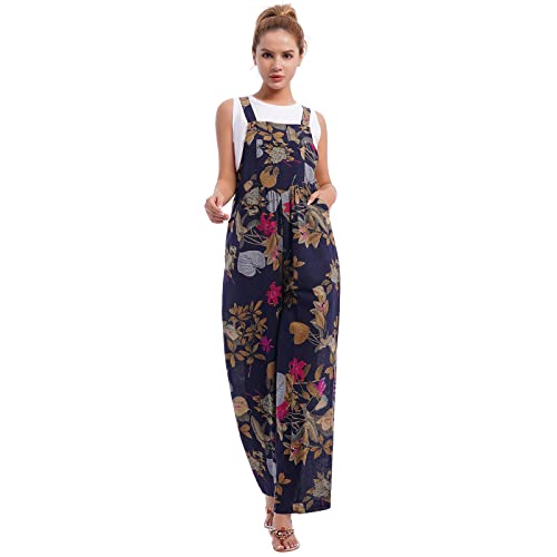Bib Overalls Women Patchwork Dual Pocket Jumpsuit Loose Floral Print Bohemian Wide Leg Bib Overall Casual Suspender Pants Fashion Work Overalls Women Hippie Clothes Overol Para Mujer Black Floral L #TOP3