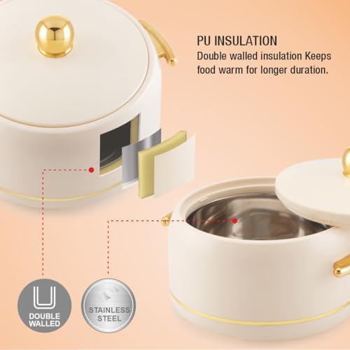Image of Modware Atlantis Casserole 2500ml Elegant Design Premium Hot Pot, Retains Temperature for Hours, Insulated Inner Steel Casserole for Roti, Hot Box for Home, Chapati Box, Serving Bowl with Lid (Ivory)