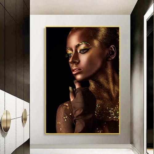 Art africain noir et or : peinture sur toile femme pour salon 60x90 cm