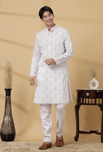 Image of Majestic Man Men's Cotton Regular Fit Casual Mandarin Collar Ethnic Motifs Printed Long Regular Kurta