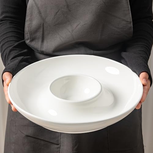 LEHAHA Ceramic Chip and Dip Serving Set, 12 Inch Large porcelain Divided Bowls Set for Salsa, Veggies, Dip, Appetizers, Snacks, Candy, Fruits-Relish Trays for Parties and Entertaining, White - Thumbnail 4