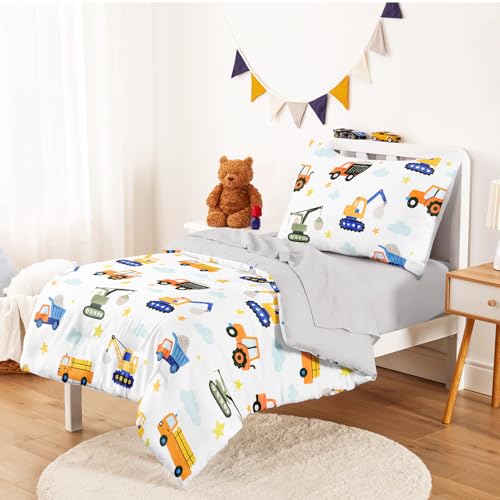 Image of Wake In Cloud - Toddler Bedding Set for Boys, Construction Car Excavator Truck, 4 Pieces Soft Crib Bed Set Including Comforter, Sheets and Pillowcase, White