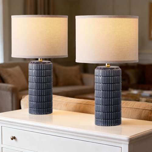 YJSQOEOE Modern Ceramic Table Lamp Set of 2, Bedside Lamp for Bedroom Decor, Nightstand Lamp with 3 Color Temperatures, Desk Light for Living Room Dorm Office, Blue