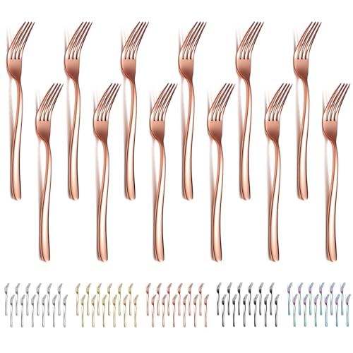 Evanda Rose Gold Dinner Forks Set of 12 Pieces, 17.8cm Titanium Copper Plating Stainless Steel Table Forks Cutlery Set for Home, Restaurant, Hotel, Dishwasher Safe