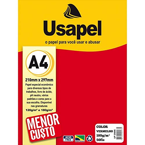 Papel A4 Color Usapel Vermelho 180 g, Filiperson, 25006, Multicolor, Pacote com 50 Folhas