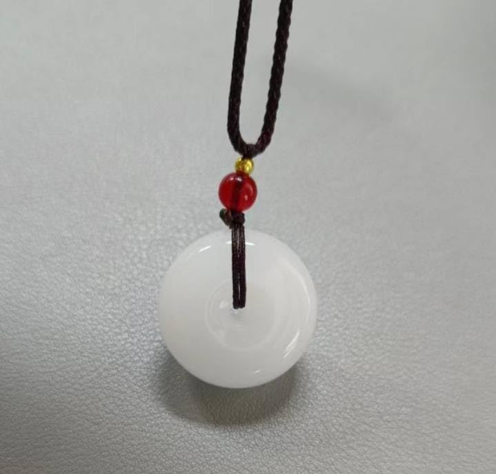 Natural White Jade Donut Pendant Necklace with Red Bead – Handmade Good Luck Amulet with Adjustable Cord - Image 4