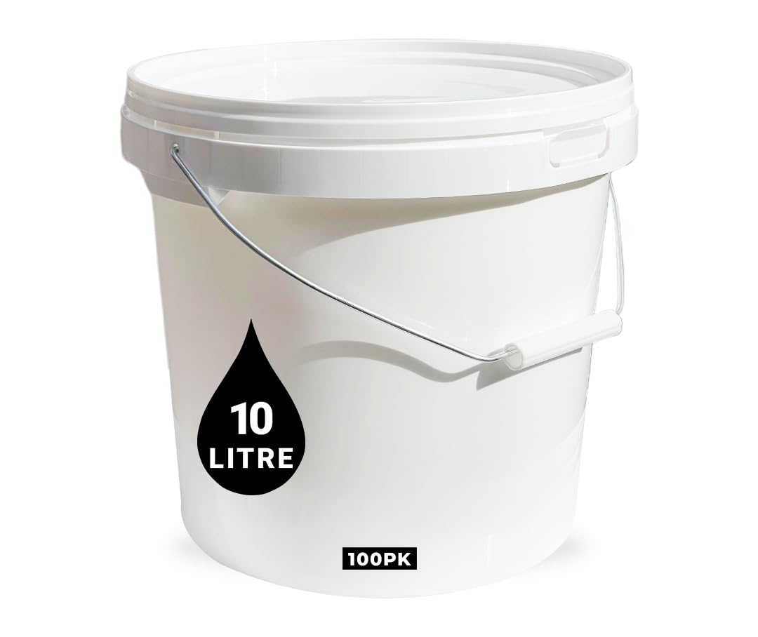 PowerChem Kunststoff-Eimer + Griff und Deckel, robust, lebensmittelecht, BPA-frei, Mehrzweck-Fermentation, Trockenfutter, Flüssigkeit, Chemikalien, Hydrokultur, Weiß, 100 Stück