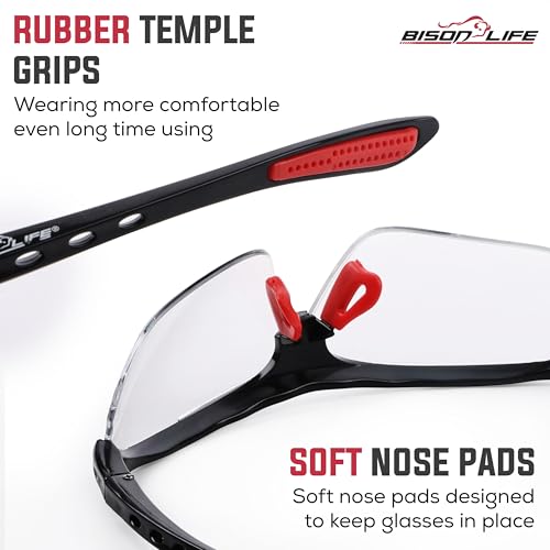 Image of BISON LIFE Vison Safe SportzV Safety Glaases - Clear Lens Black Temple Anti-Scratch Anti Fog Red Soft Rubber Nose Pads & Soft Touch Temple Tips, Outdoor Sports Construction Eyewear for Men & Women