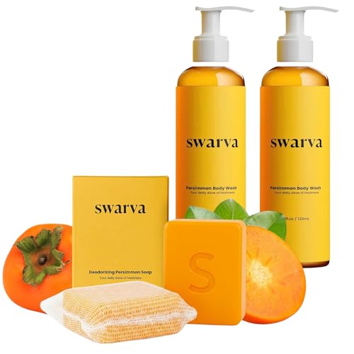 Swarva Japanese Persimmon Cleanser Bar & Body Wash Bottles 2 + 2 Pack Bundle for Body Odo…