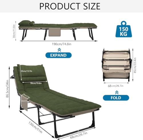Image of DOLPHY Portable Folding Camping Cot Bed for Sleeping with Soft Cushion 6.2 Feet with Headrest 6-Position Adjustable Backrest & Side Pocket for Home,Office,Camping and Travel (Upto 120 KG)