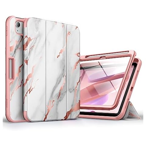 SURITCH Leather Case for iPad 10th Generation Case with Screen Protector 10.9 Inch 2022 Case with Pencil Holder Magnet Tri-fold Stand Cover Auto Wake/Sleep Shockproof Protection, White Marble Cover