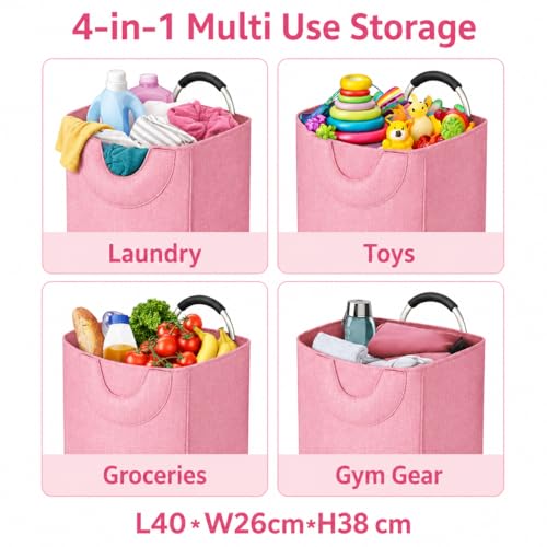 Image of DecorTwist Structured Fabric Laundry Basket with Metal Handles | 40 Litre Large Carry Basket for Clothes Toys & Storage | Foldable & Multipurpose | L40xW26xH38 cm | Pink