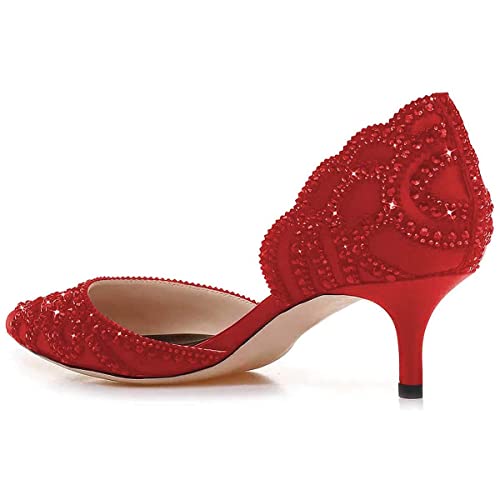 Image of XYD Women's Pumps, Elegant Pointed Toe, D'Orsay Kitten Low Heels, Rhinestone Studs, Slip-On Satin Shoes for Wedding